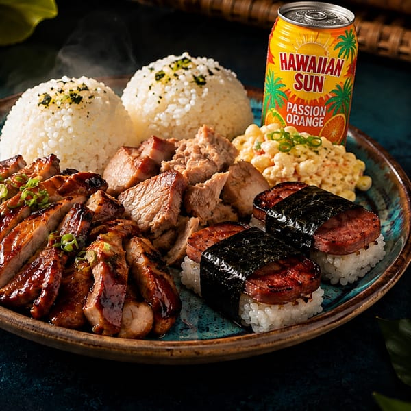 A Hawaiian plate lunch with teriyaki chicken, kalua pork, spam musubi, rice, macaroni salad, and a Hawaiian Sun drink.